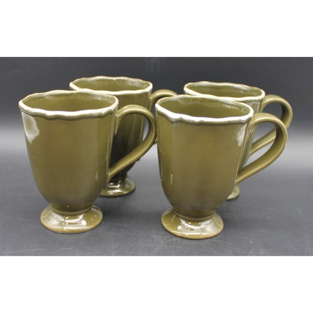 Vietri Terreno Thyme Mugs Set of 4 Italian Pottery Pedestal Coffee Cup Green